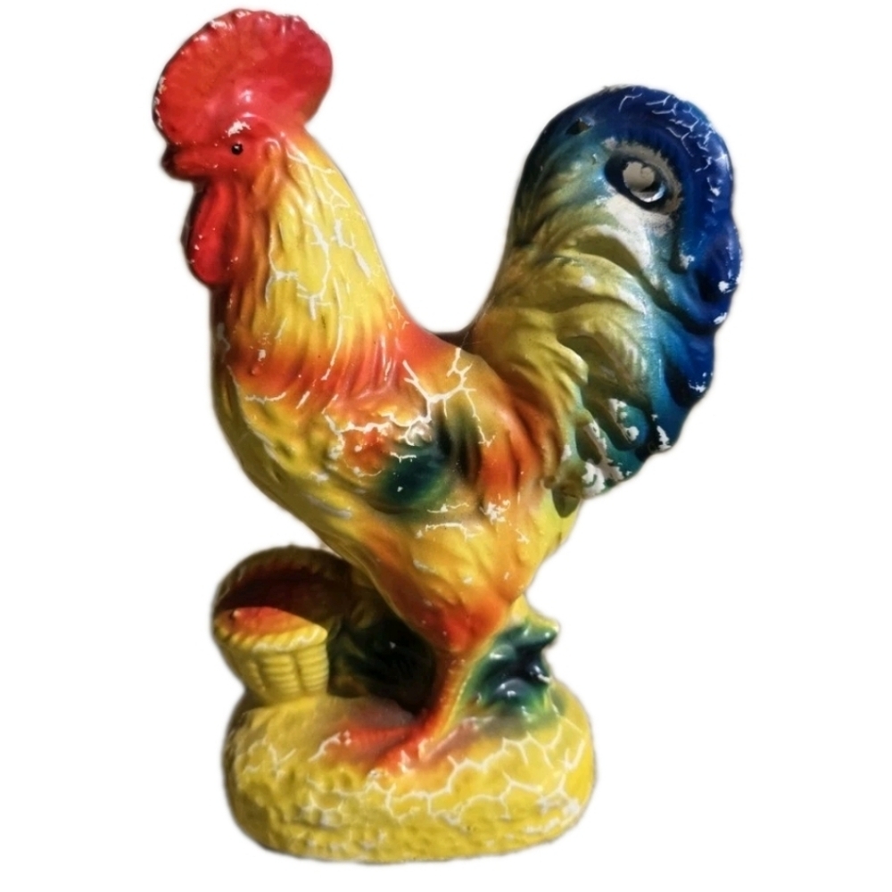 Vintage Ceramic Rooster Figurine 7.5" Country Farmhouse Kitchen Yellow Antique